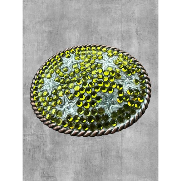 Vtg Western Star Belt Buckle Lime Green Bling Rhinestone Rodeo Coastal Cowgirl